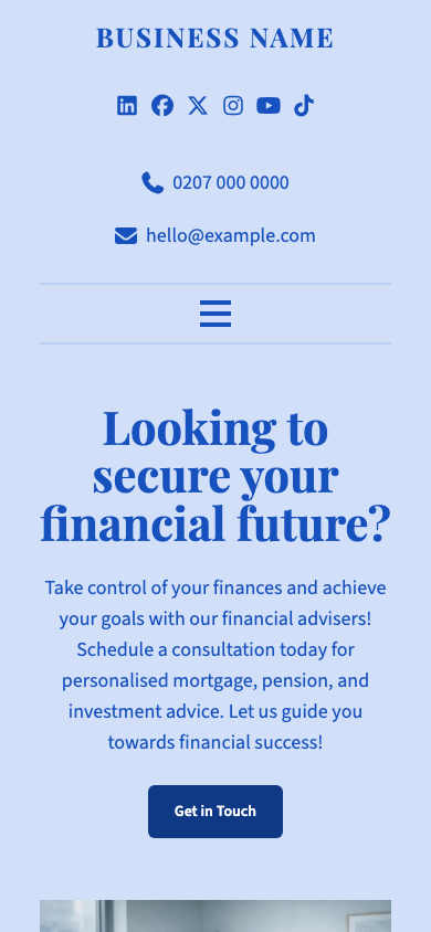 Example financial adviser website displayed on mobile